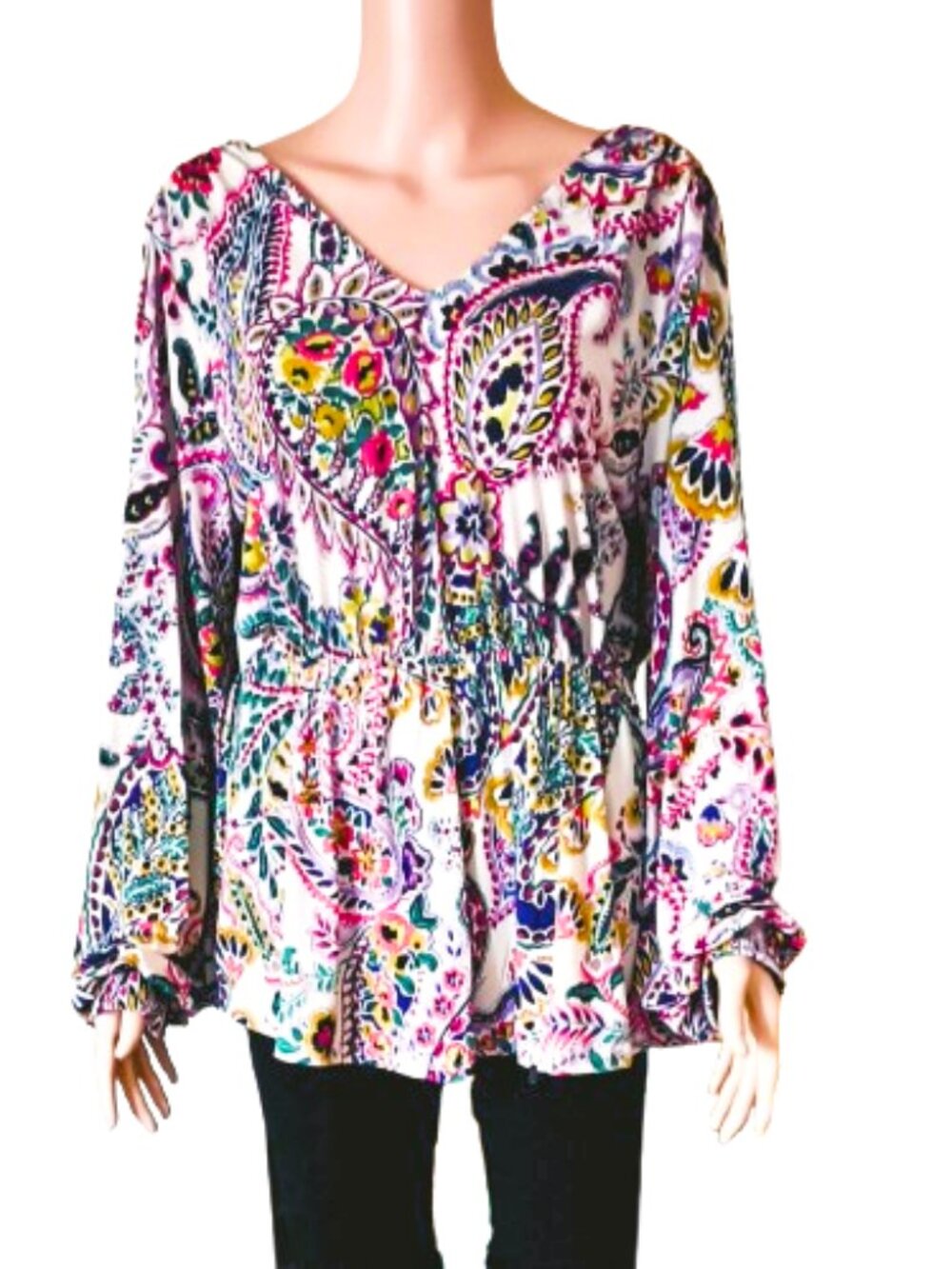 White Birch Floral Peplum Top XL V-Neck Multicolor Puff Sleeve Tie Neck Blouse